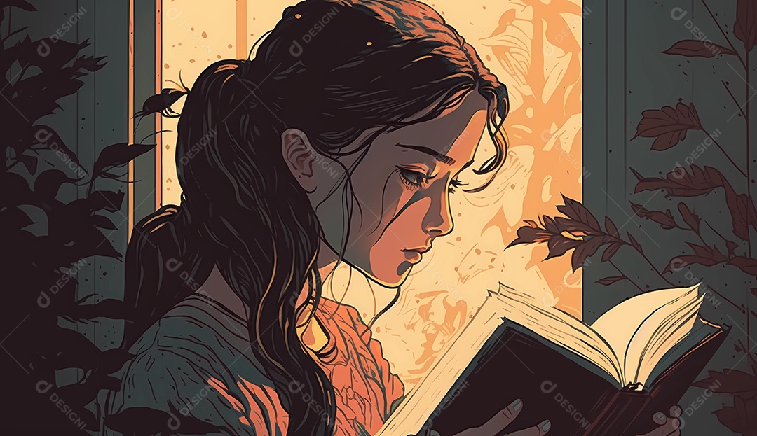 Menina sentada em seu quarto lendo um livro.