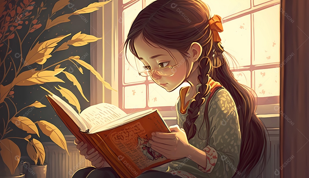 Menina sentada em seu quarto lendo um livro.