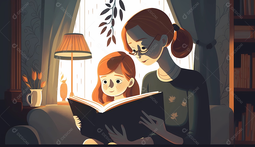 Menina sentada em seu quarto lendo um livro com sua mãe.