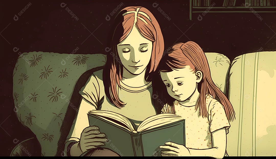 Menina sentada em seu quarto lendo um livro com sua mãe.