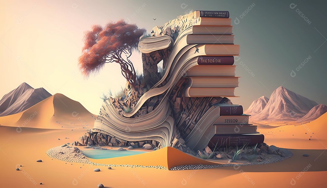 Paisagem montanha e mar saindo de um livro aberto.