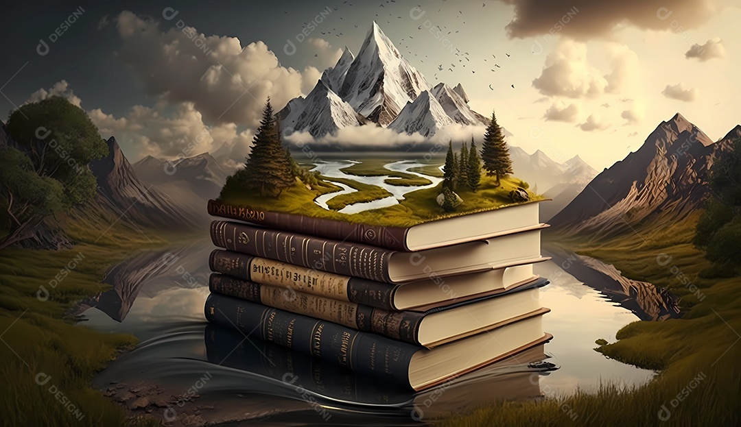 Paisagem montanha e mar saindo de um livro aberto