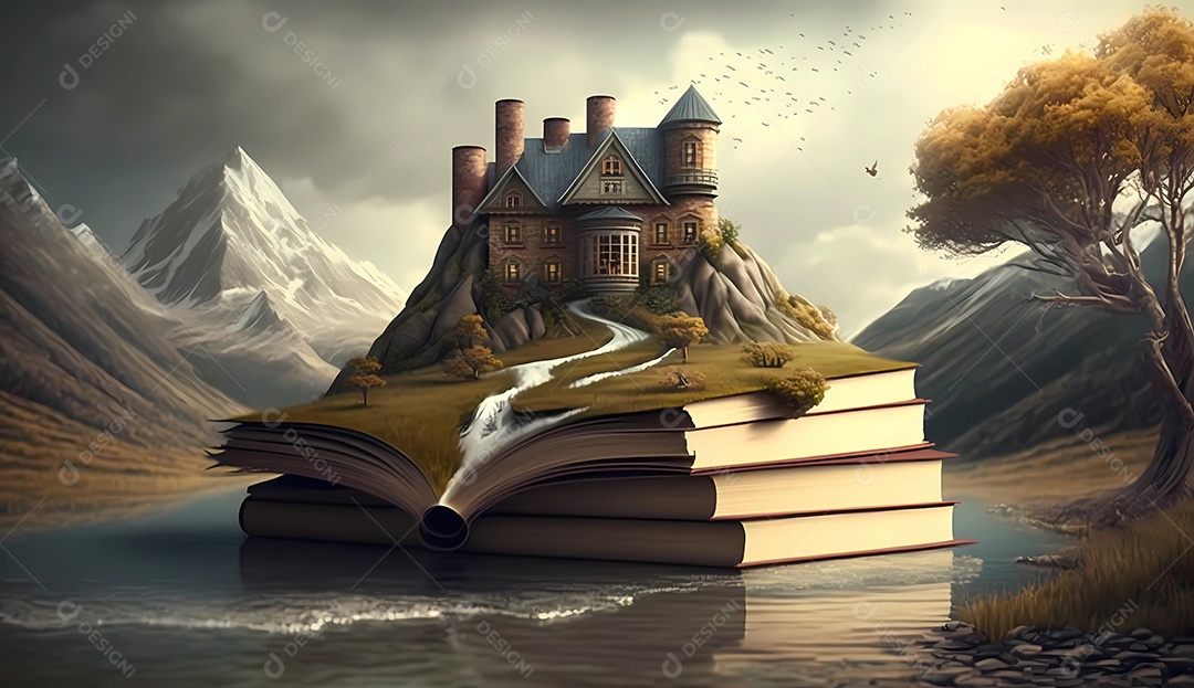 Paisagem montanha e mar saindo de um livro aberto