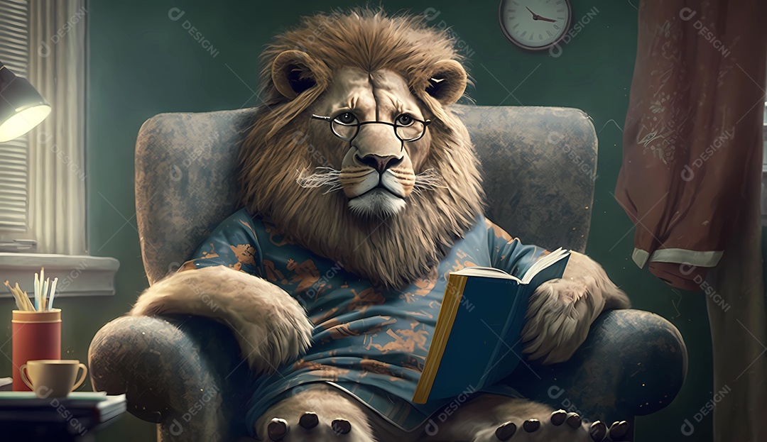 Leão sentado no sofá vestindo pijama enquanto lê seu livro