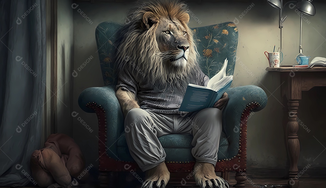 Leão sentado no sofá vestindo pijama enquanto lê seu livro