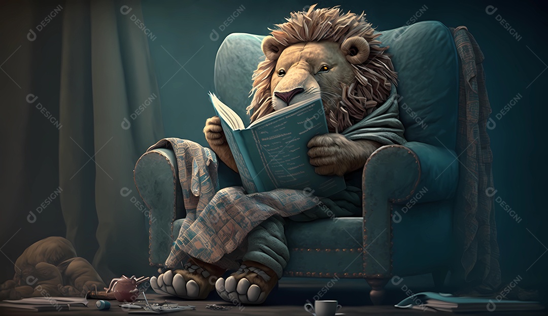 Leão sentado no sofá vestindo pijama enquanto lê seu livro