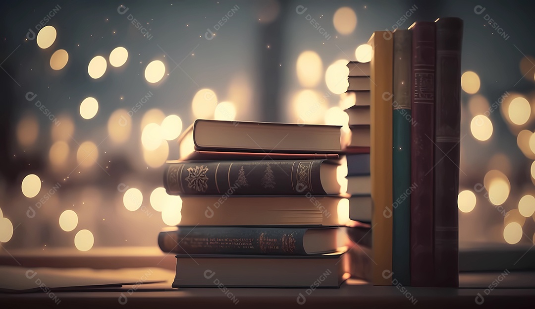Livros empilhados em uma prateleira de biblioteca com luzes bokeh.