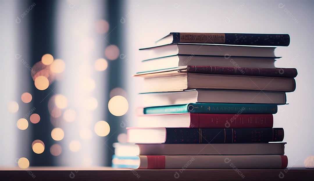Livros empilhados em uma prateleira de biblioteca bokeh luzes