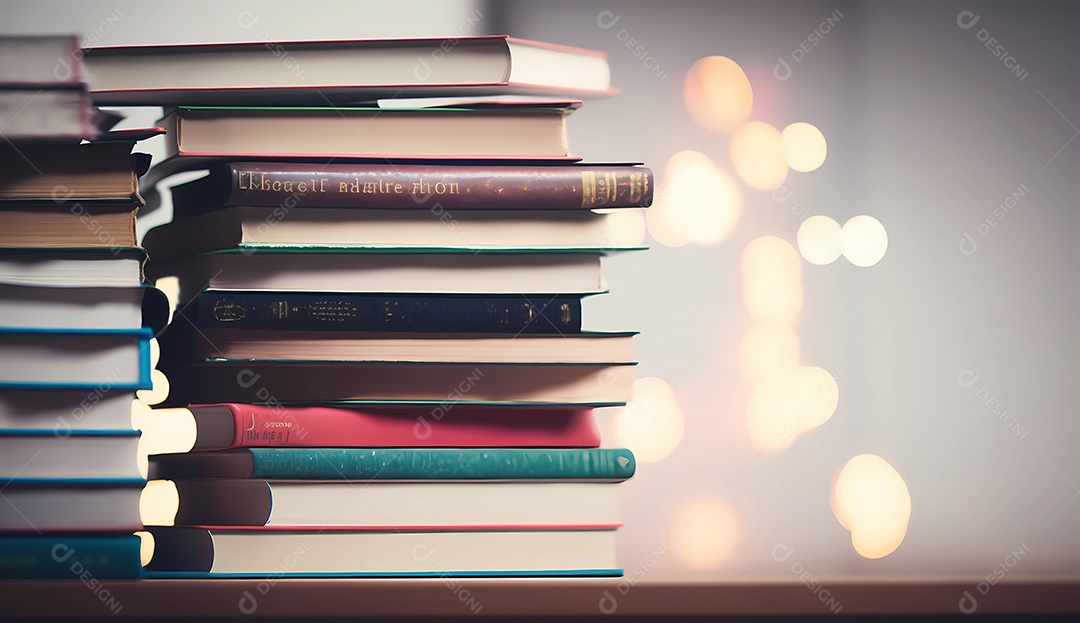 Livros empilhados em uma prateleira de biblioteca bokeh luzes