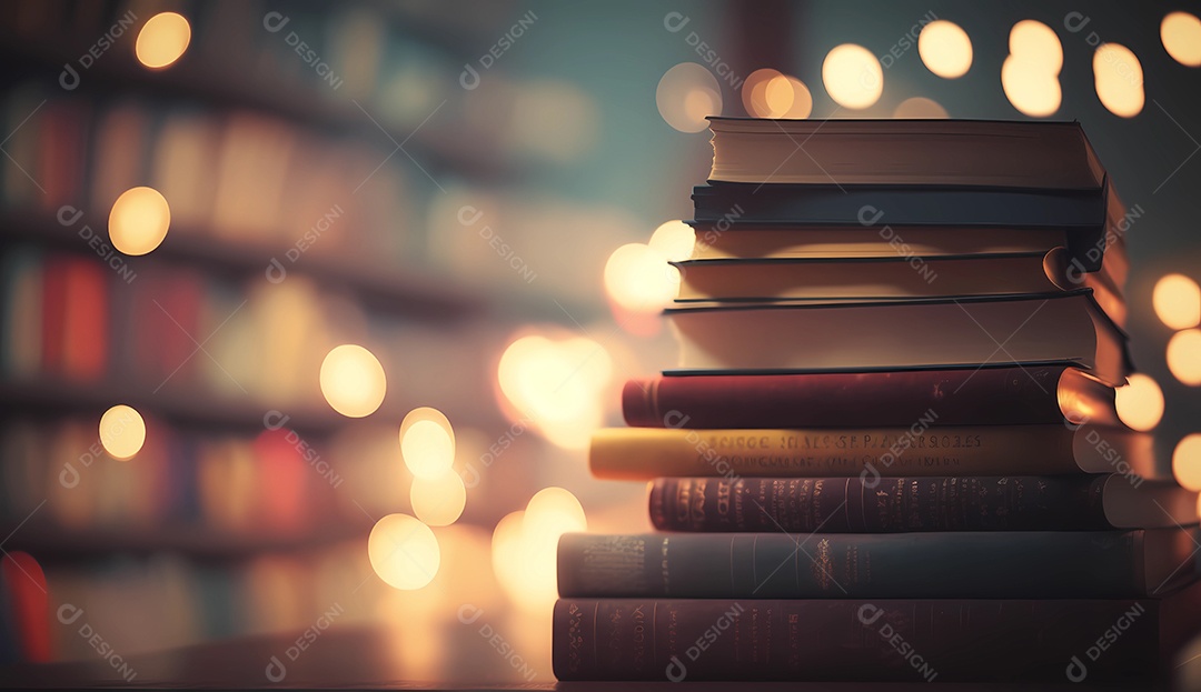 Livros empilhados em uma prateleira de biblioteca bokeh luzes