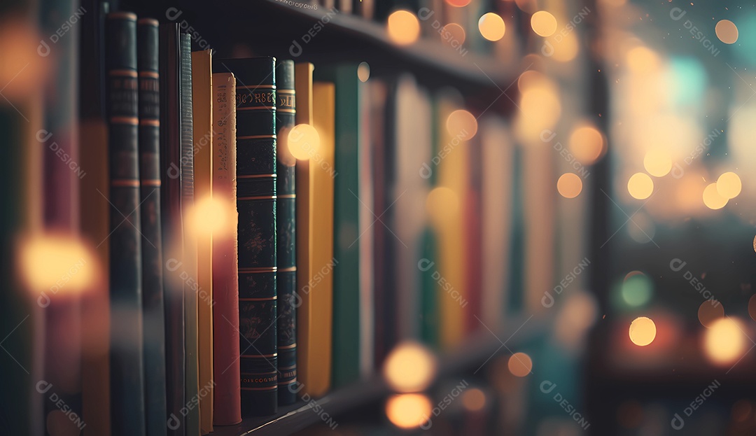 Livros empilhados em uma prateleira de biblioteca bokeh luzes