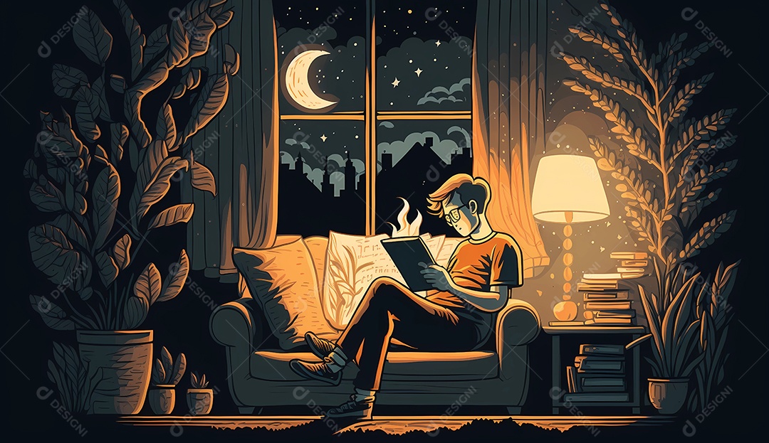 Homem lendo um livro durante a noite perto das janelas.