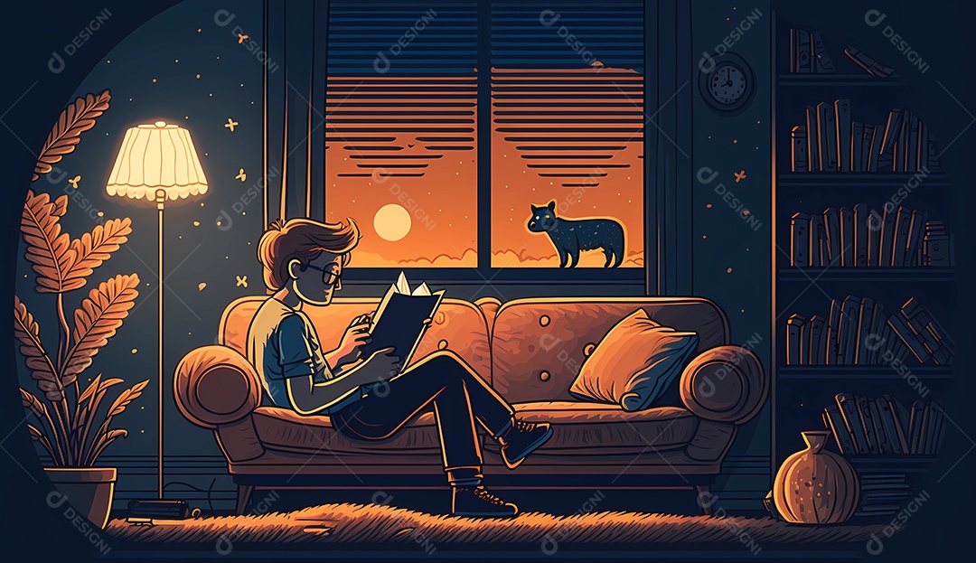 Homem lendo um livro durante a noite perto das janelas.