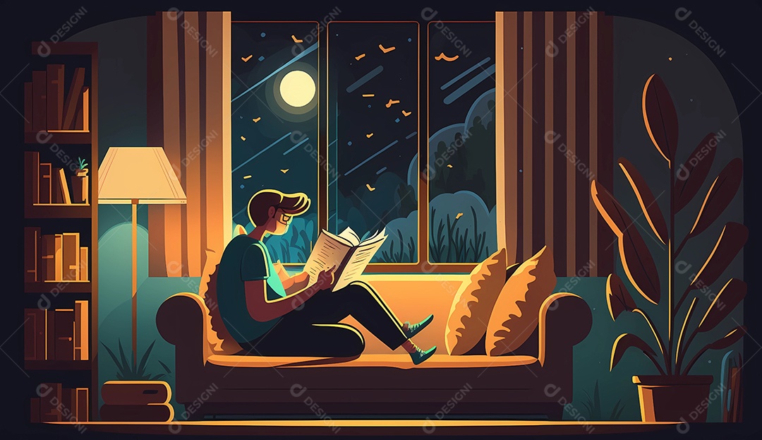 Homem lendo um livro durante a noite perto das janelas.