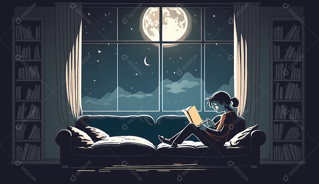 Homem lendo um livro durante a noite perto das janelas.