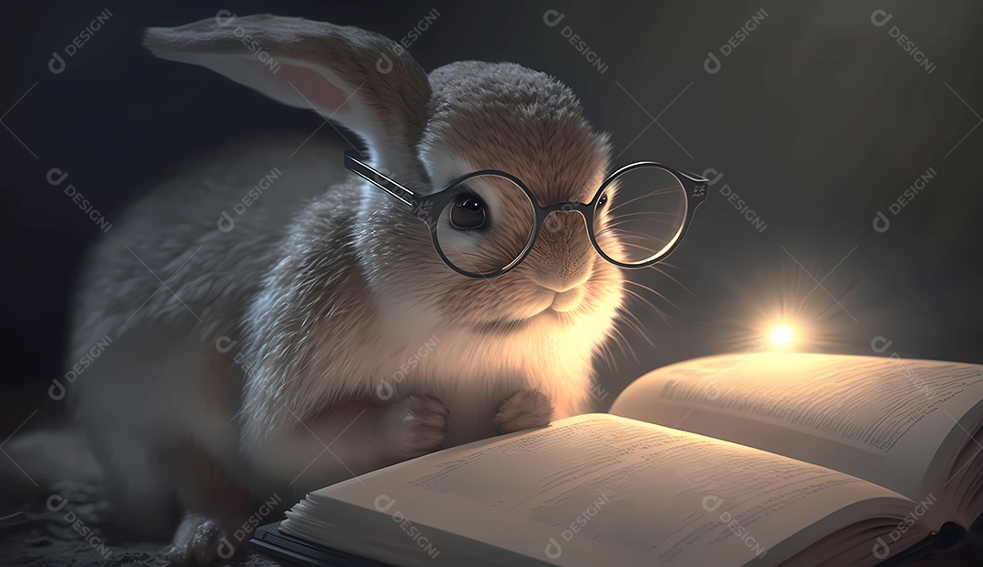 Coelho em óculos lendo livro à noite.