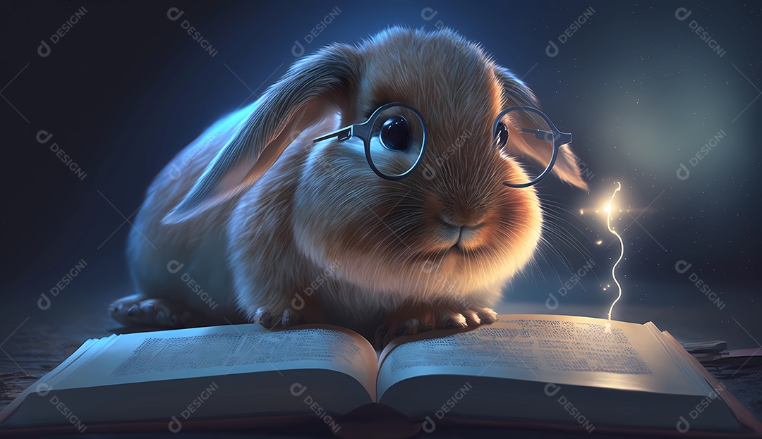 Coelho em óculos lendo livro à noite.