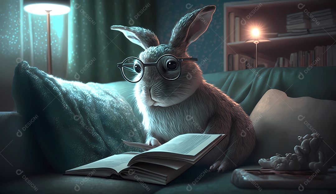 Coelho em óculos lendo livro à noite.
