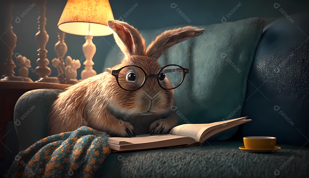 Coelho em óculos lendo livro à noite.