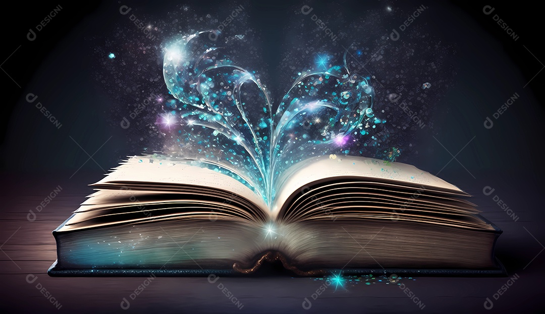 Livro aberto com fumaça mágica vindo de dentro.