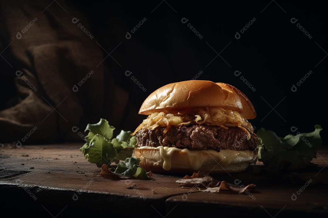 Saboroso hambúrguer caseiro na mesa de madeira rústica