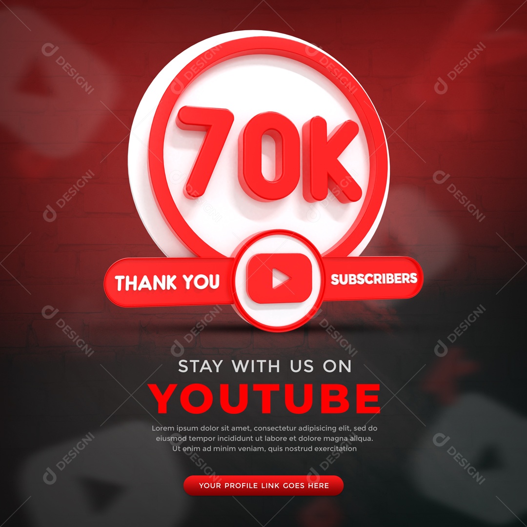 Youtube 70K De Inscritos Elemento 3D Para Composição PSD