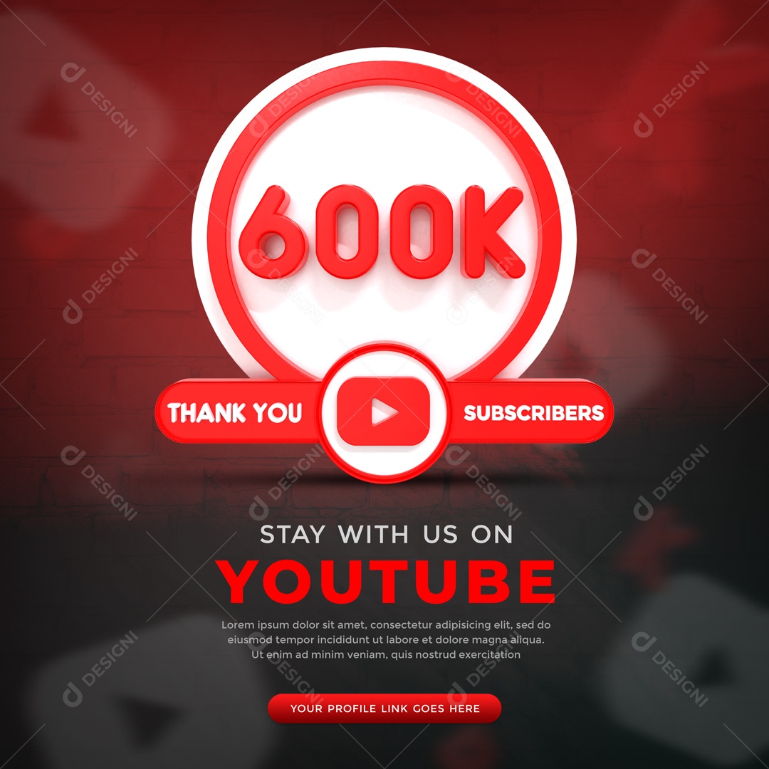 Youtube 600K De Inscritos Elemento 3D Para Composição PSD