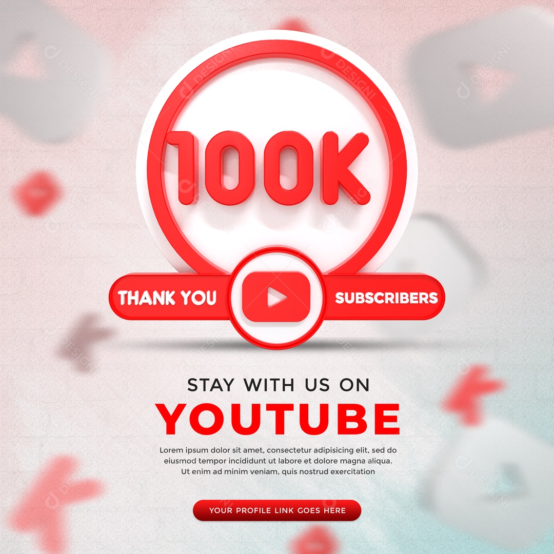 Youtube 100K De Inscritos Fundo Branco Elemento 3D Para Composição PSD