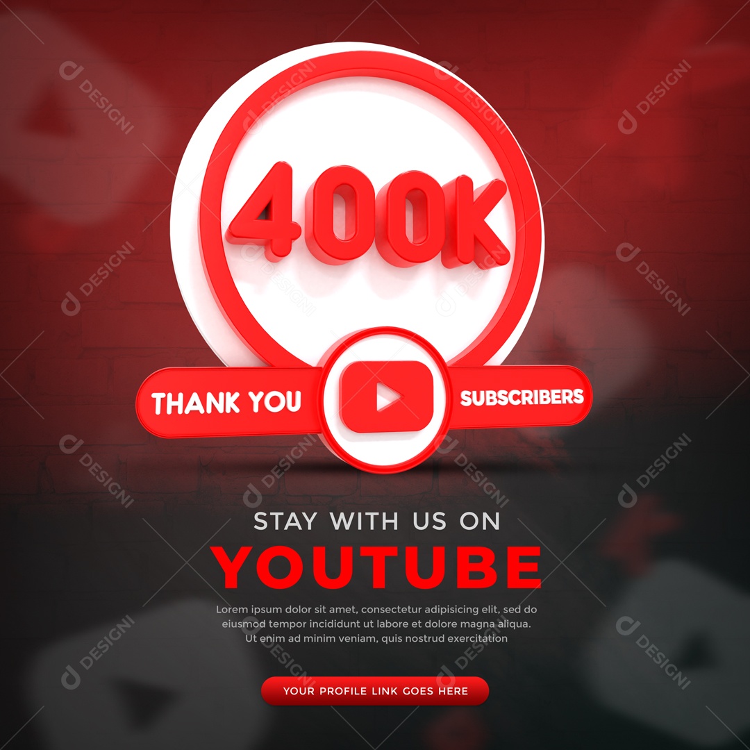 Youtube 400K De Inscritos Fundo Preto Elemento 3D Para Composição PSD
