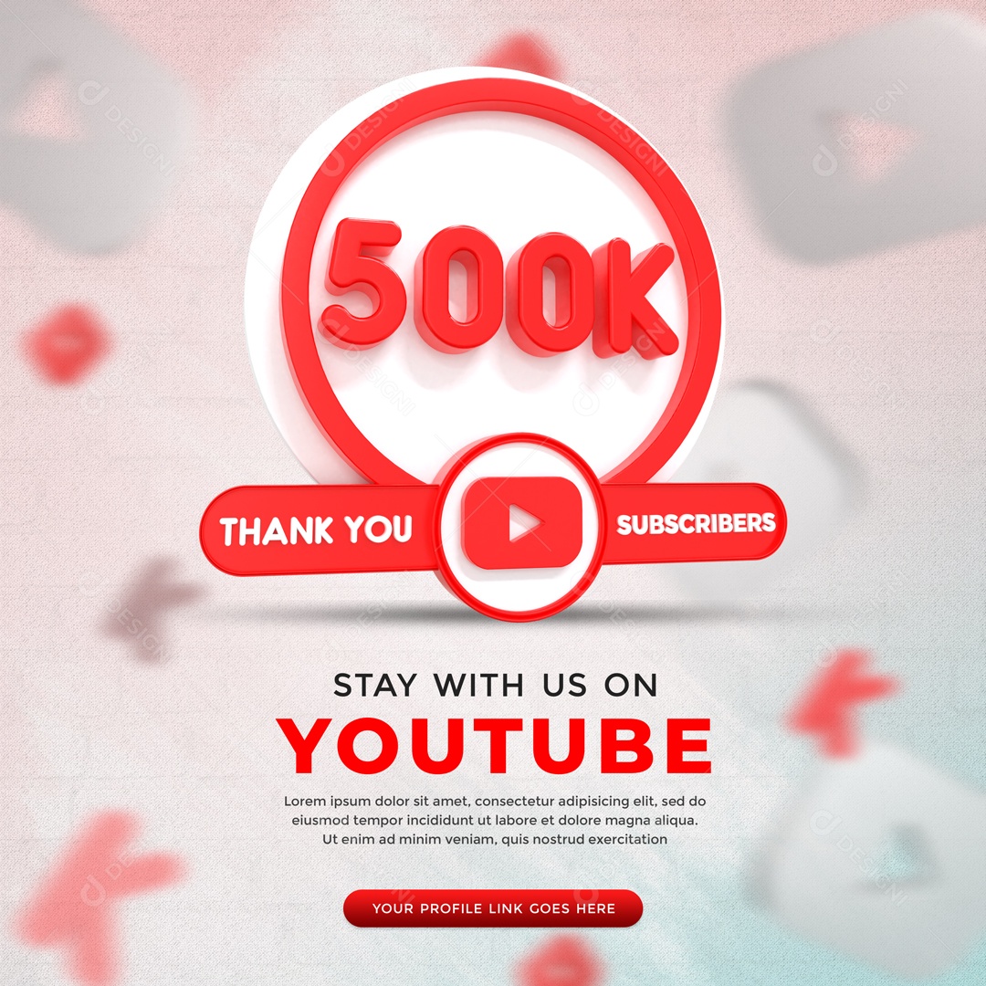 Youtube 500K De Inscritos Fundo Branco Elemento 3D Para Composição PSD