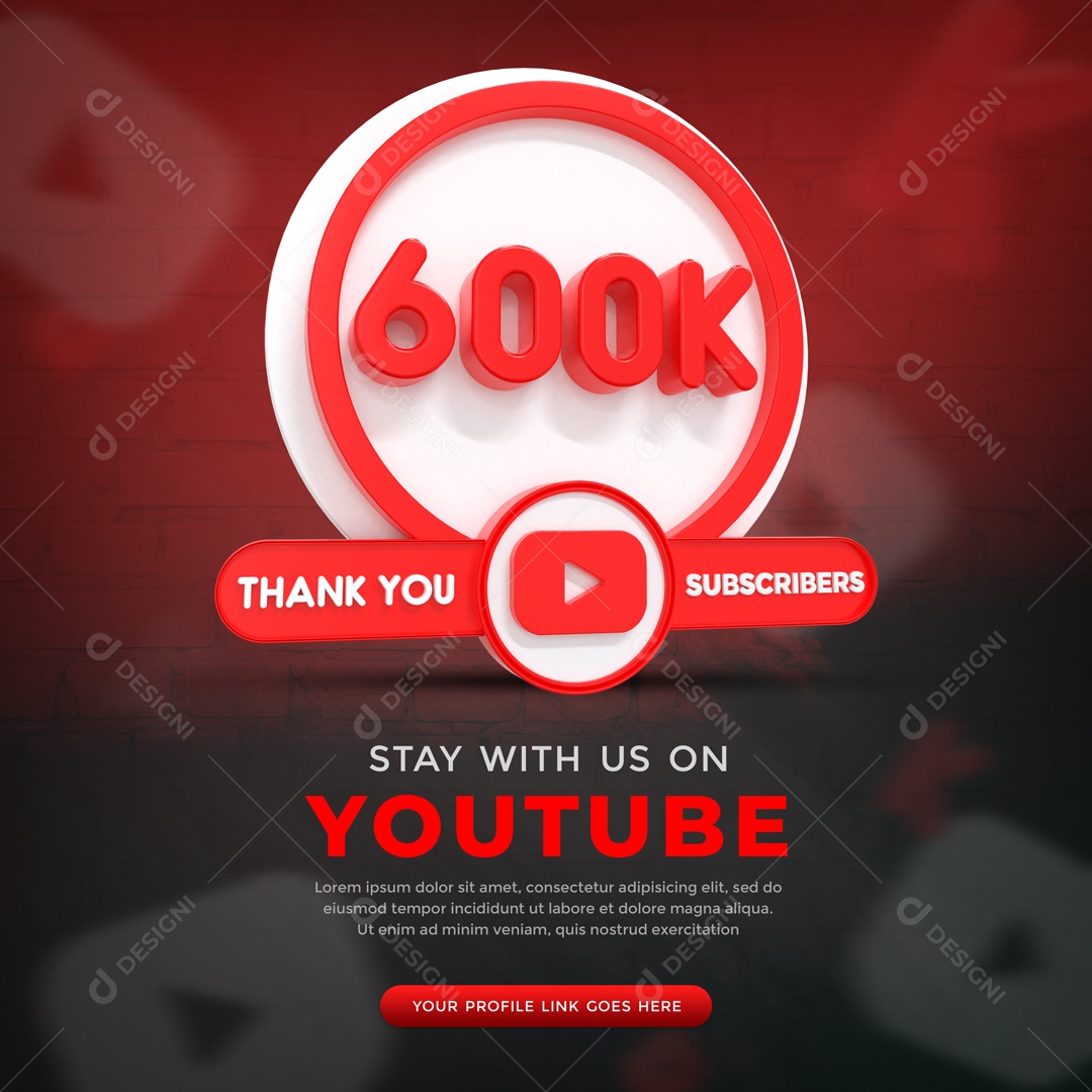 Youtube 600K De Inscritos Fundo Preto Elemento 3D Para Composição PSD