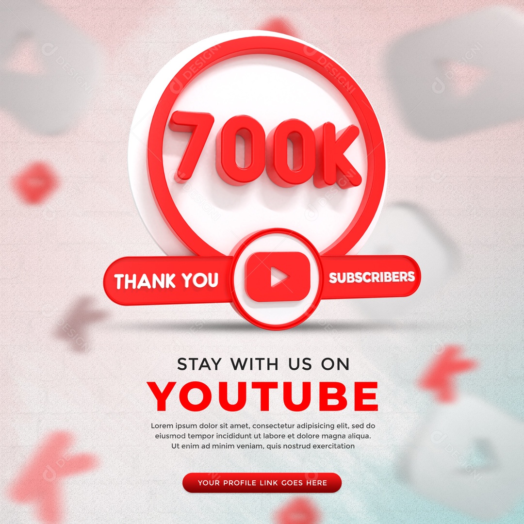 Youtube 700K De Inscritos Fundo Branco Elemento 3D Para Composição PSD