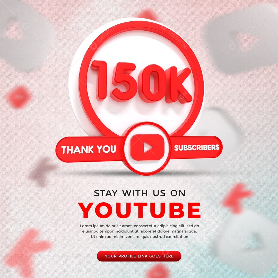 Youtube 150K De Inscritos Fundo Branco Elemento 3D Para Composição PSD