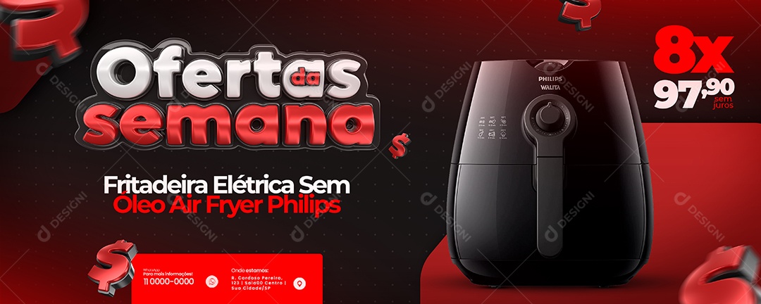 Banner Ofertas Da Semana Fritadeira Elétrica Sem Óleo Air Freyer Philips 97,90 Social Media PSD Editável