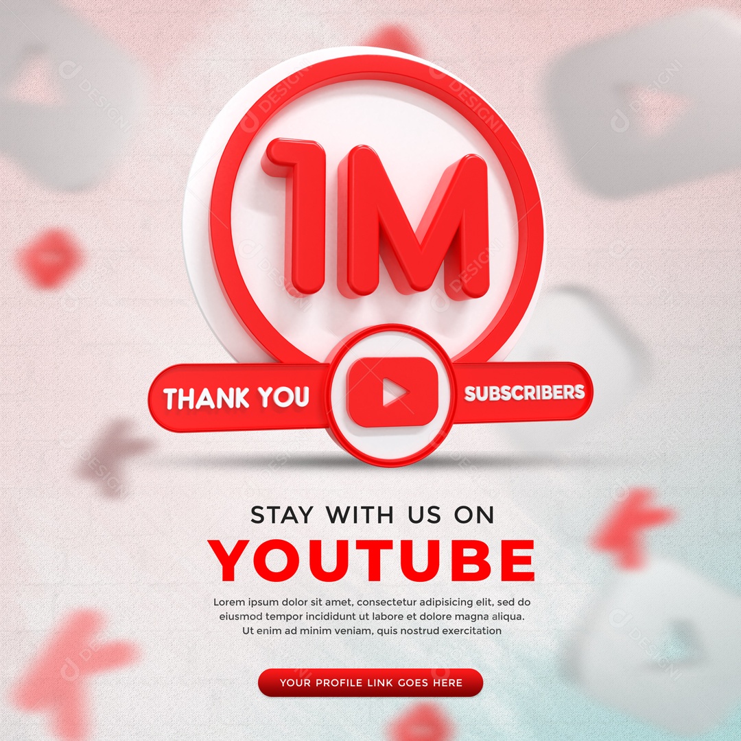 Youtube 1M De Inscritos Fundo Branco Elemento 3D Para Composição PSD