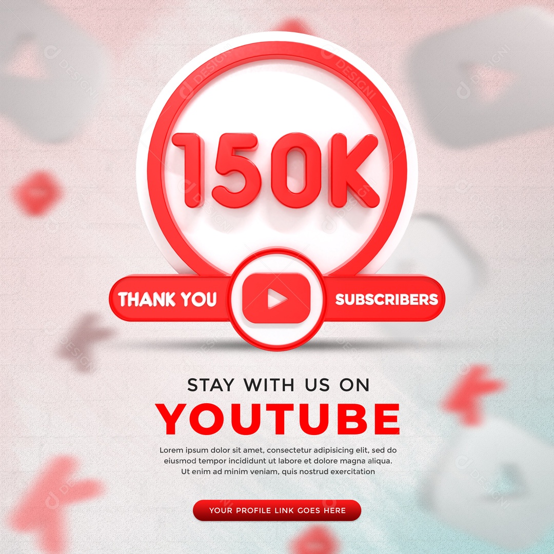 Youtube 150K De Inscritos Fundo Branco Elemento 3D Para Composição PSD