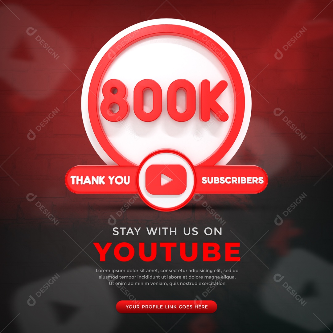 Youtube 800K De Inscritos Fundo Preto E Vermelho Elemento 3D Para Composição PSD