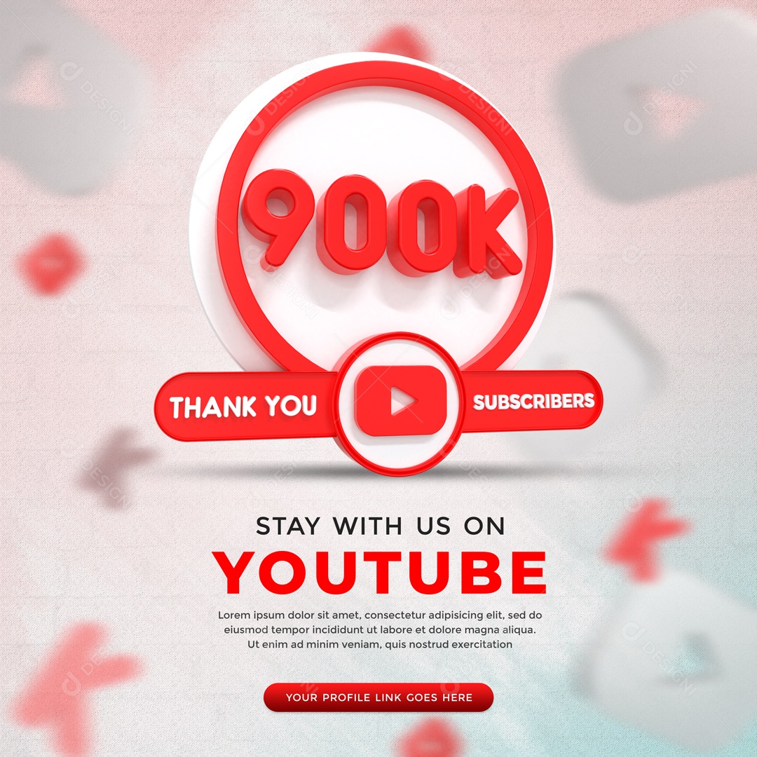 Youtube 900K De Inscritos Fundo Branco Elemento 3D Para Composição PSD