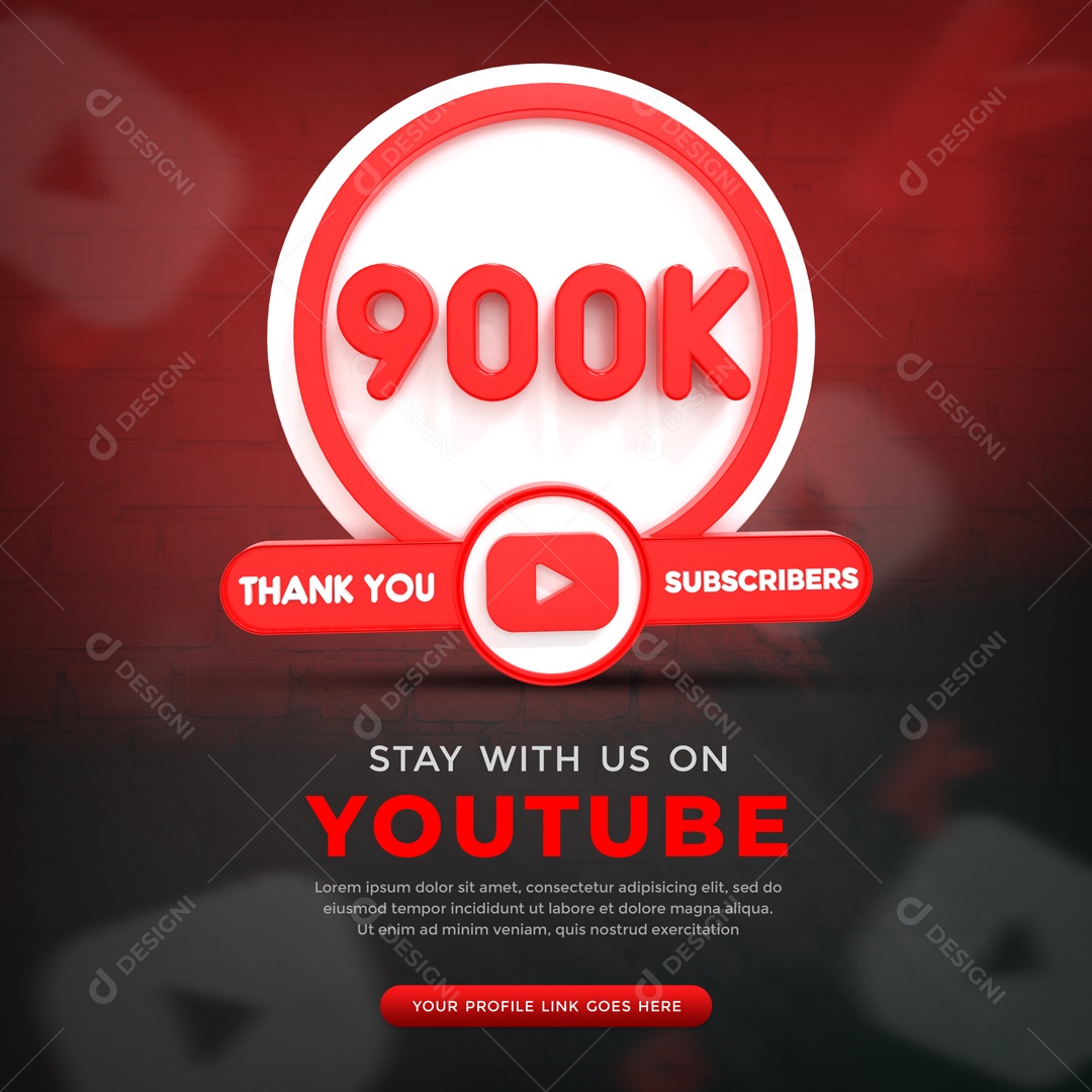 Youtube 900K De Inscritos Fundo Preto E Vermelho Elemento 3D Para Composição PSD