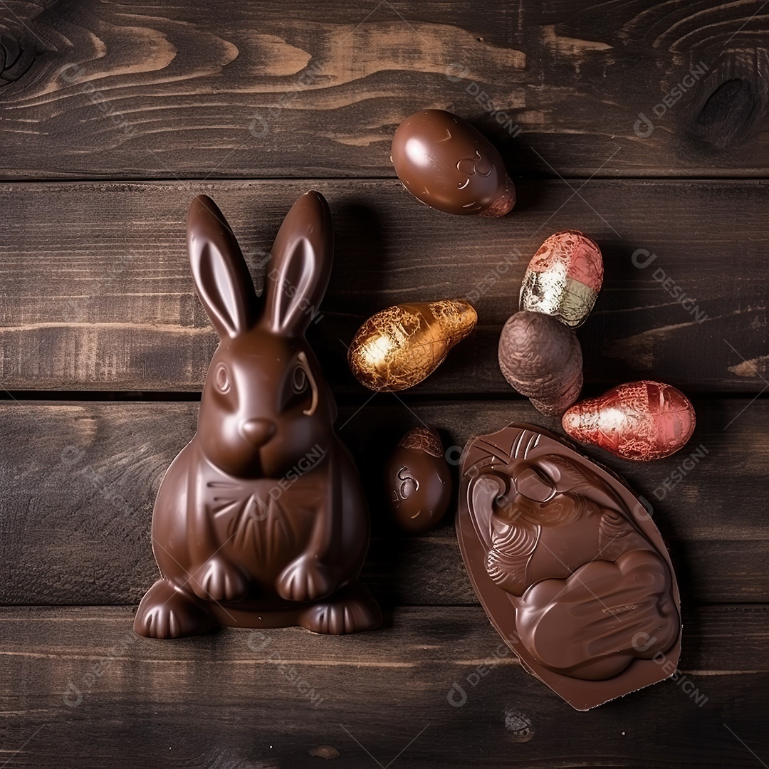 Páscoa delicioso coelho de chocolate em uma mesa de madeira