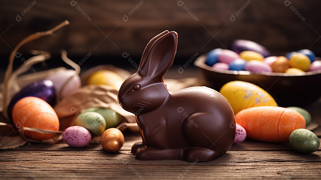 Páscoa delicioso coelho de chocolate em uma mesa de madeira