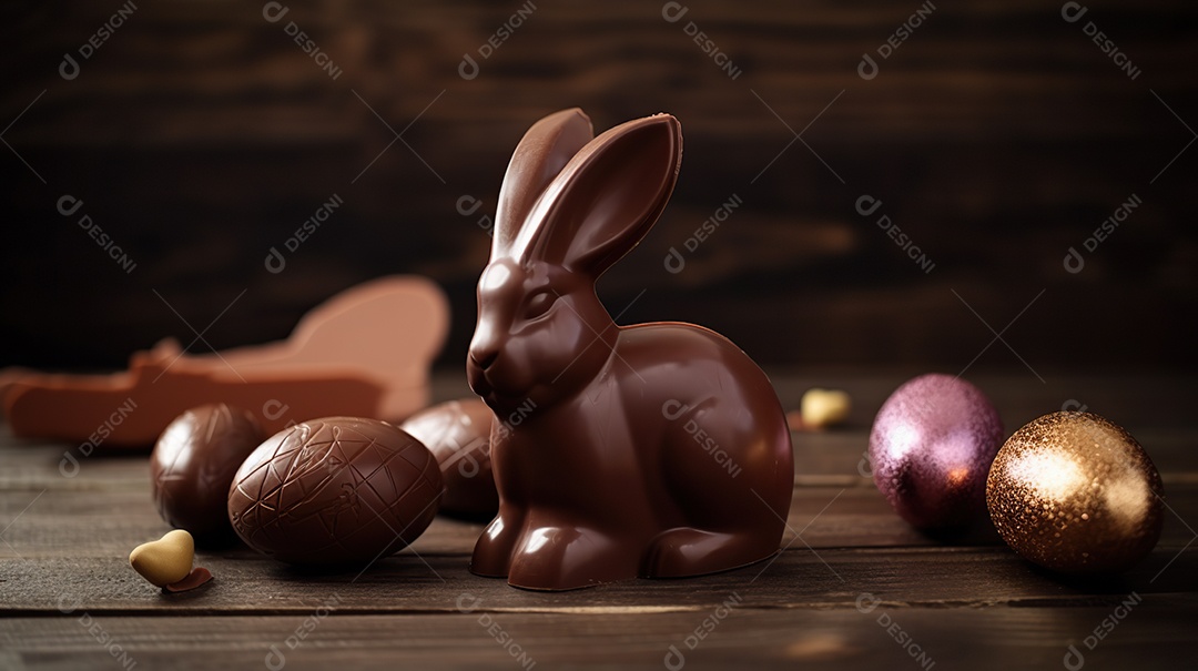 Páscoa delicioso coelho de chocolate em uma mesa de madeira