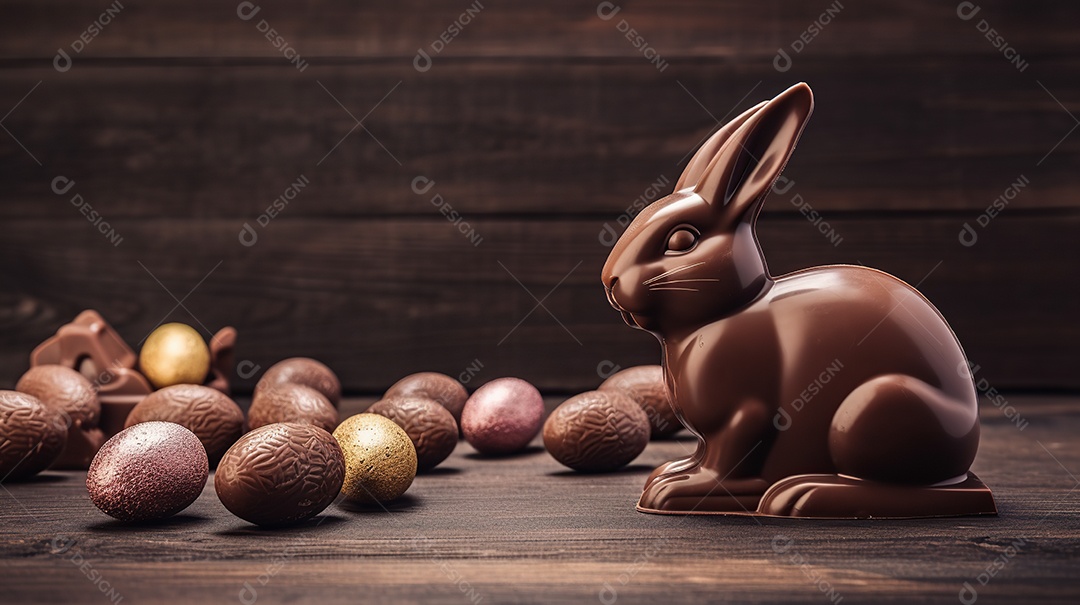 Páscoa delicioso coelho de chocolate em uma mesa de madeira