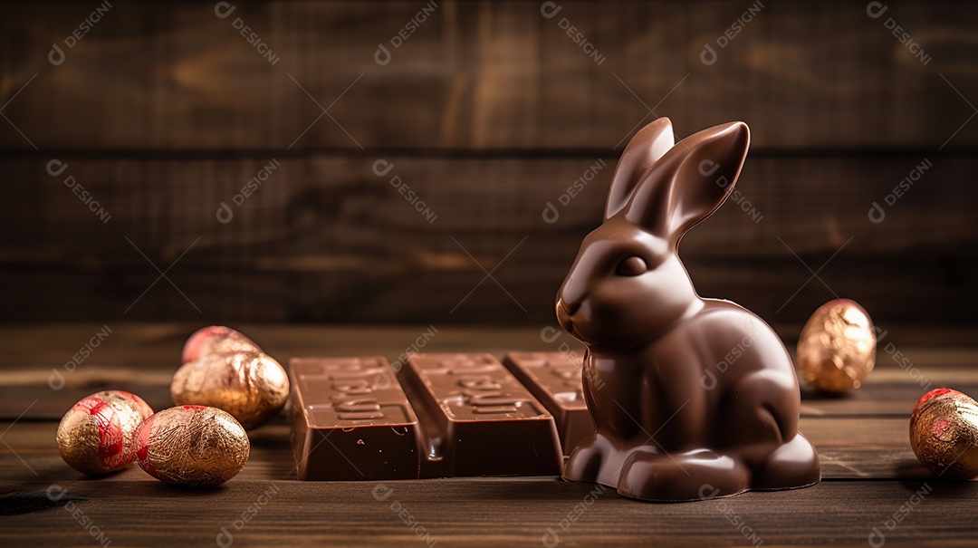 Páscoa delicioso coelho de chocolate em uma mesa de madeira