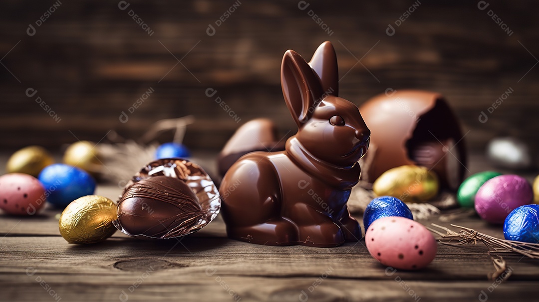 Páscoa delicioso coelho de chocolate em uma mesa de madeira