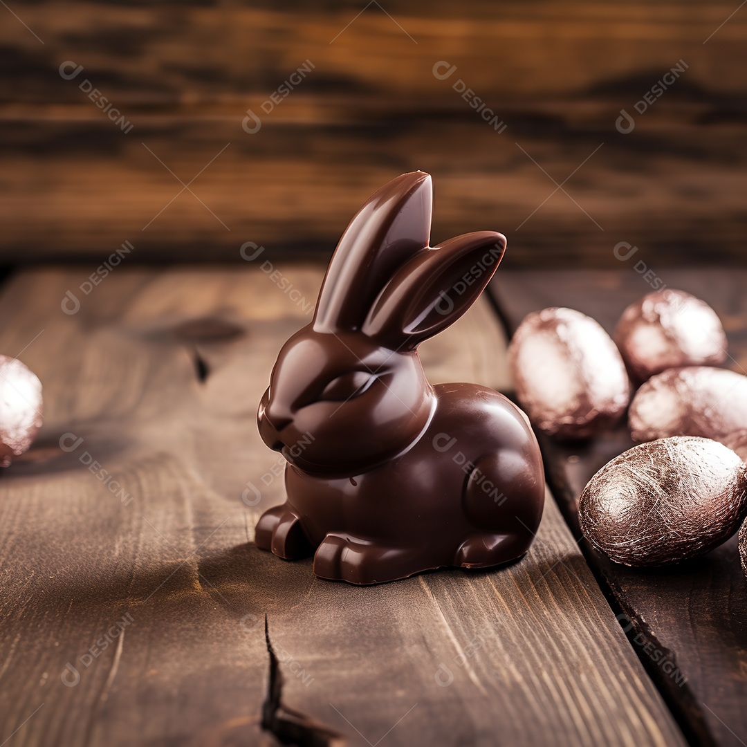 Páscoa delicioso coelho de chocolate em uma mesa de madeira