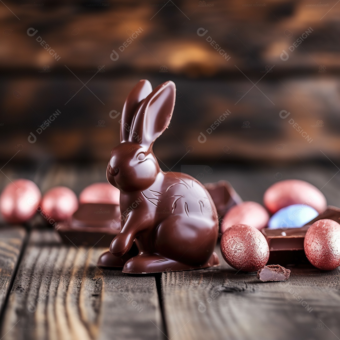 Páscoa delicioso coelho de chocolate em uma mesa de madeira