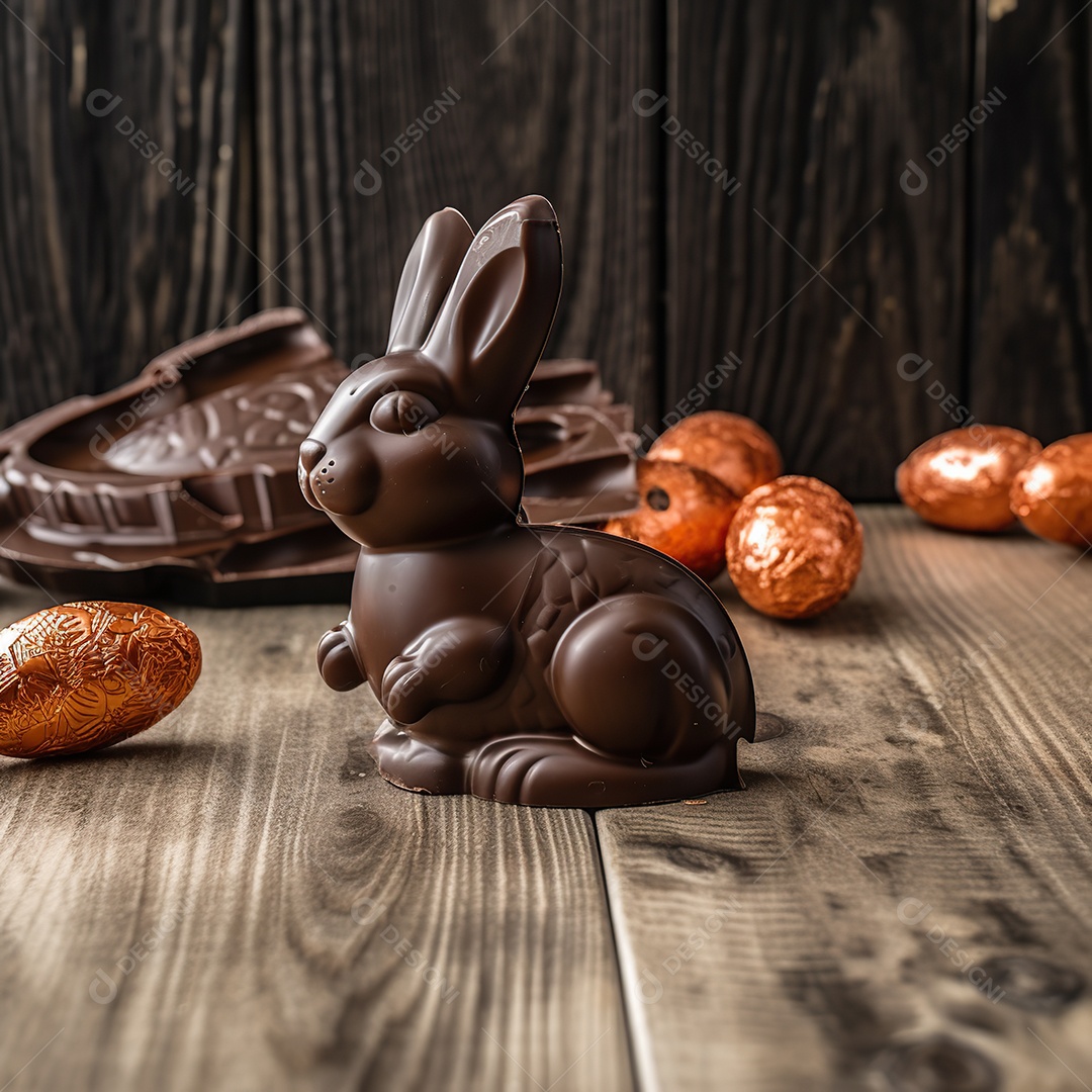 Páscoa delicioso coelho de chocolate em uma mesa de madeira