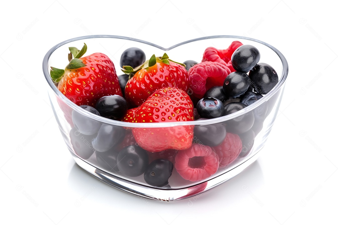 Pote de vidro sobre frutas frescas sobre fundo isolado