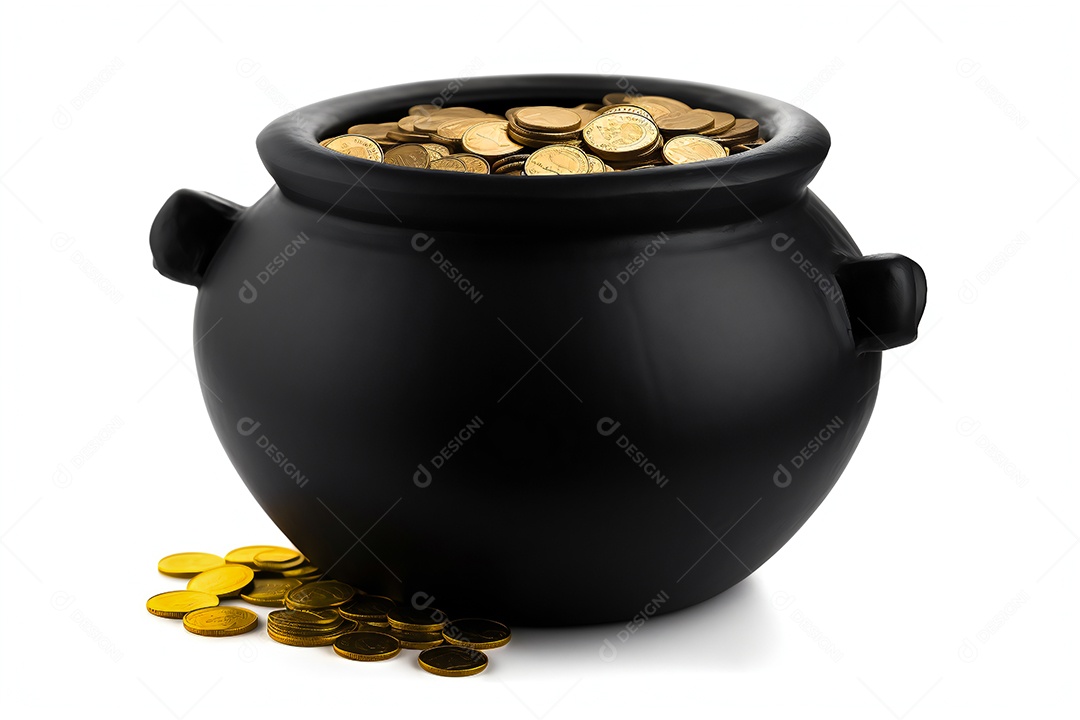 Panela preta com moedas sobre fundo isolado